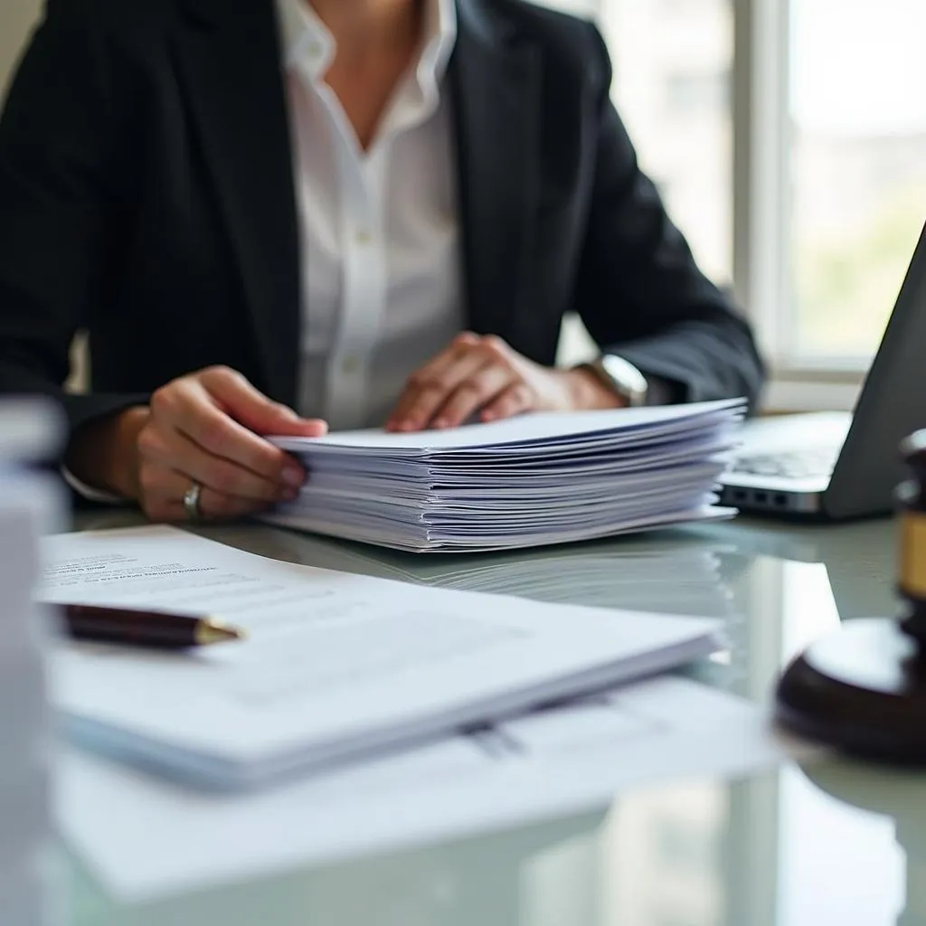 Paralegal meticulously reviewing legal documents