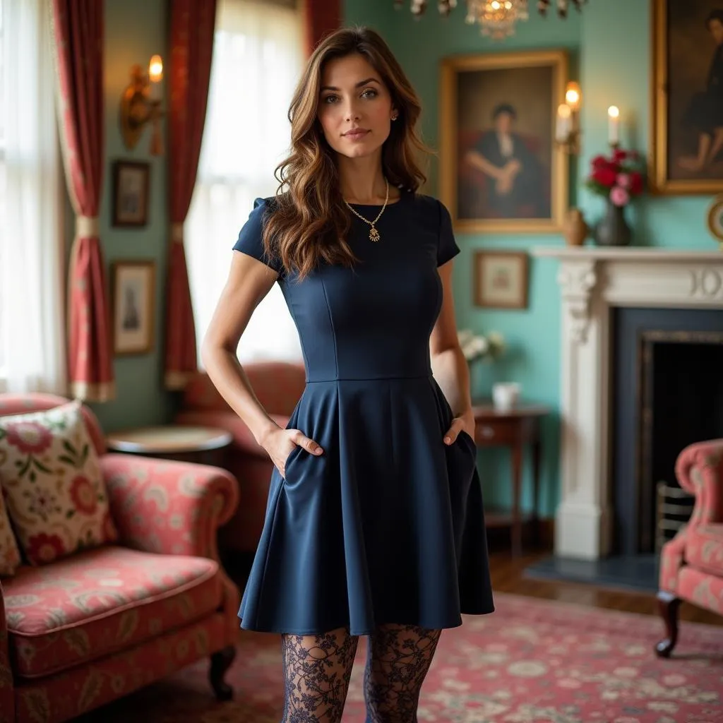 Woman in a navy dress with patterned tights