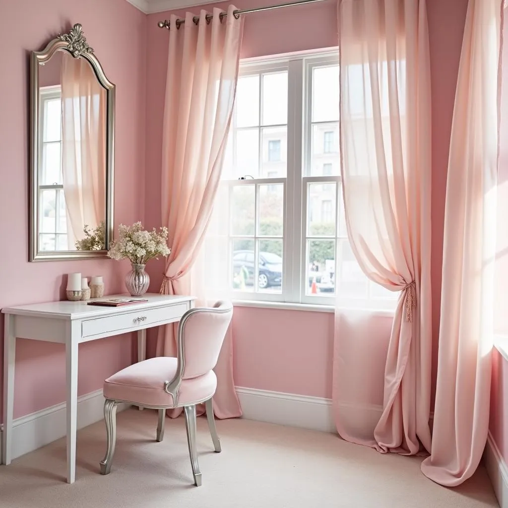 Romantic pink and silver bedroom with vanity