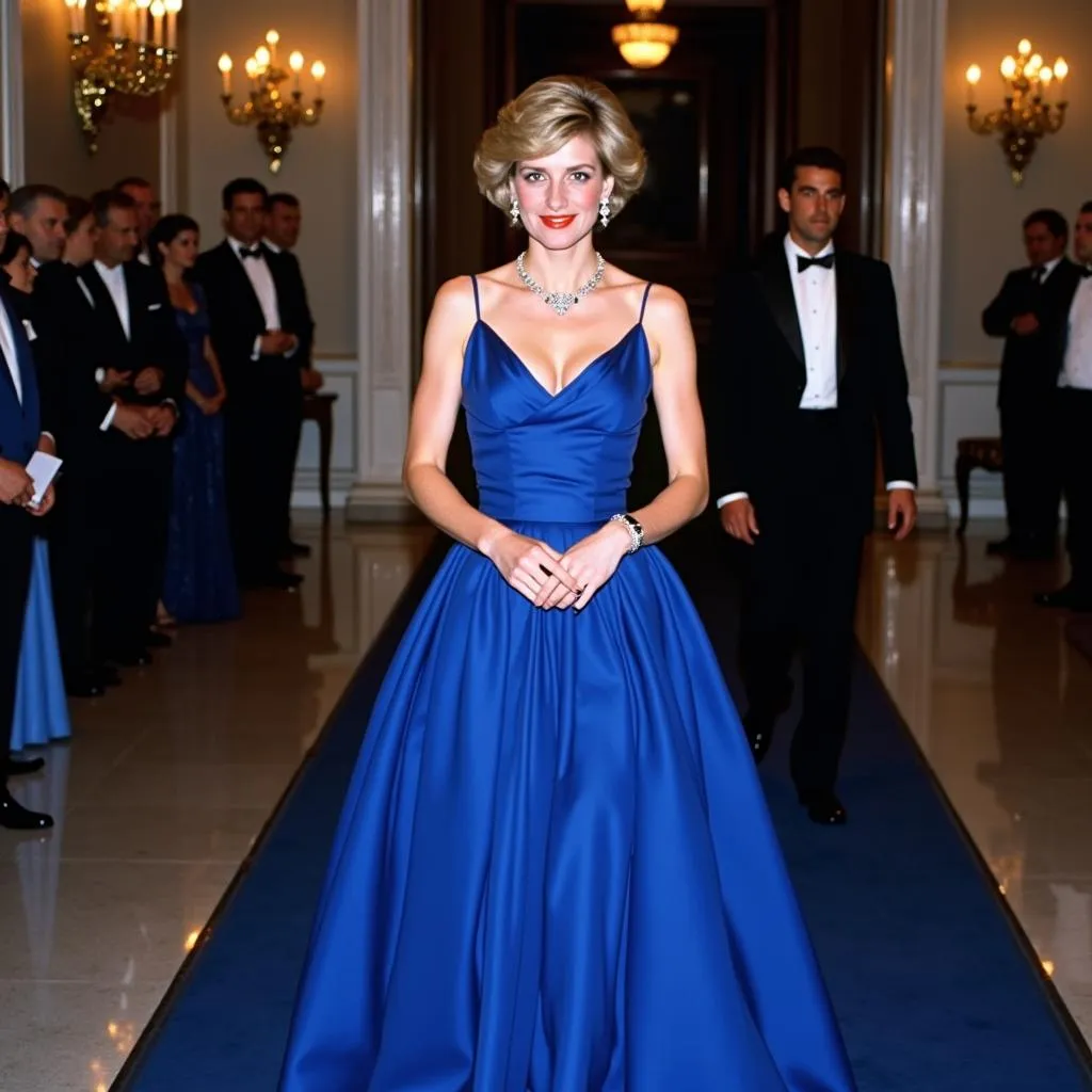 Princess Diana wearing a vibrant blue dress during a royal engagement