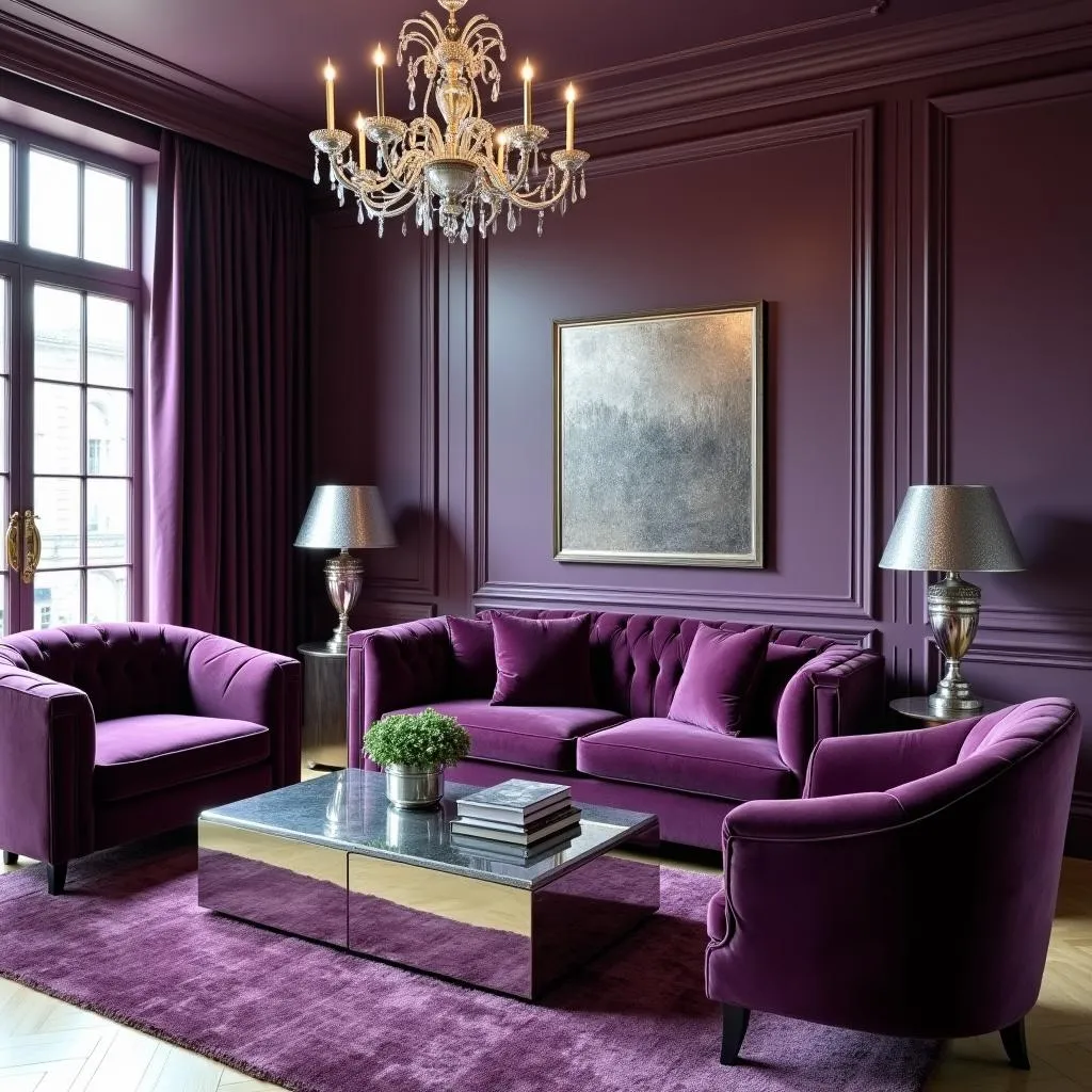 Purple and silver living room with plush velvet furniture