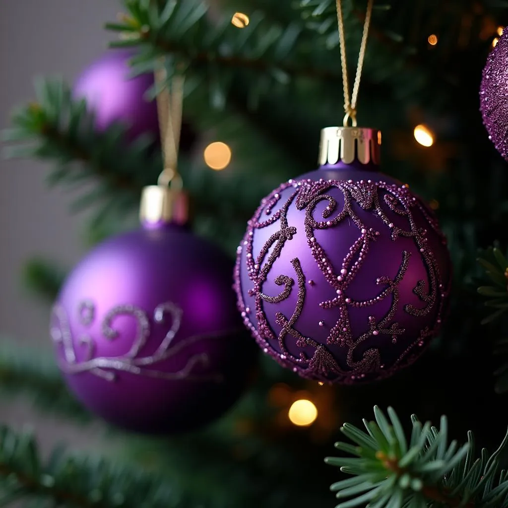 Purple Christmas Ornaments on a Tree