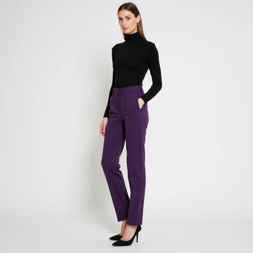 Woman in a black turtleneck and purple pants