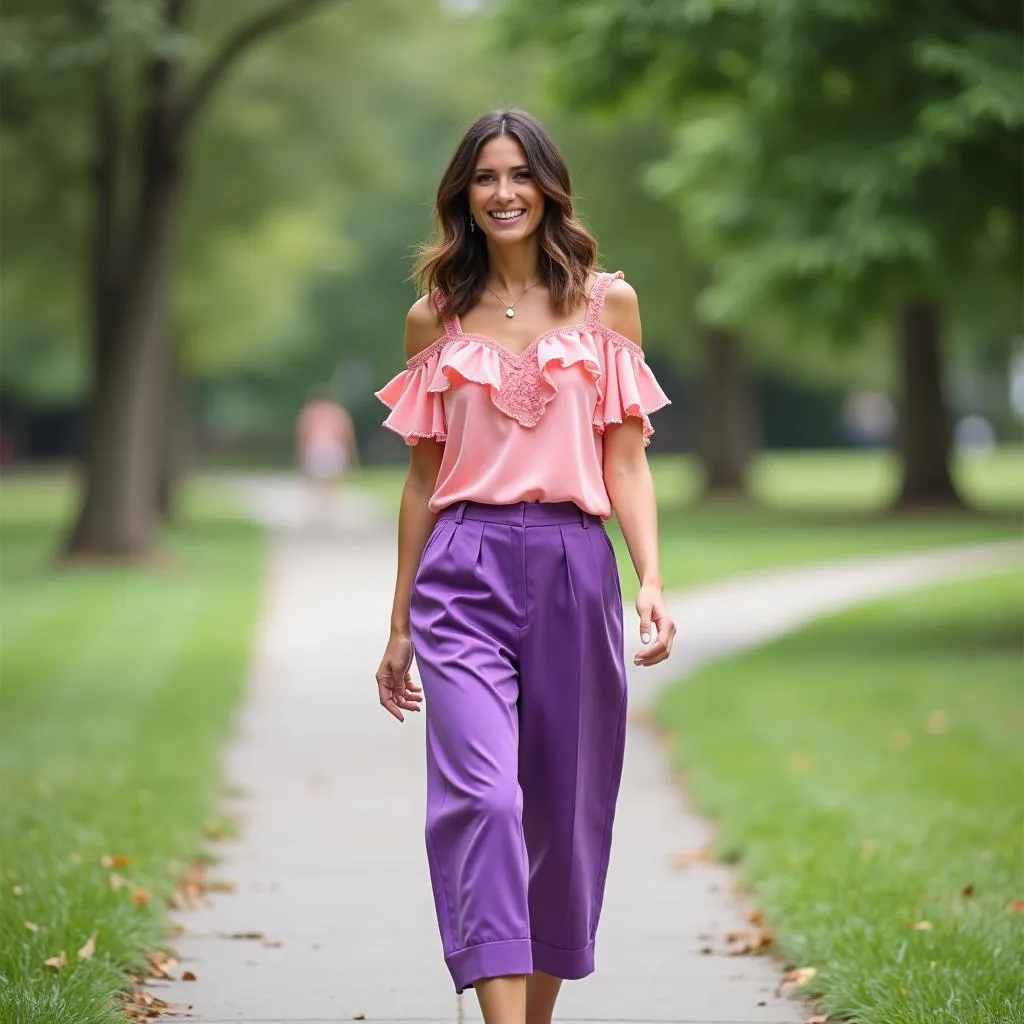 Woman in a flowy pink top and purple pants