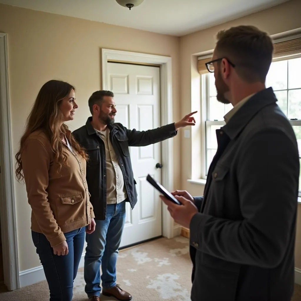 Real estate agent showing a foreclosed home to potential buyers