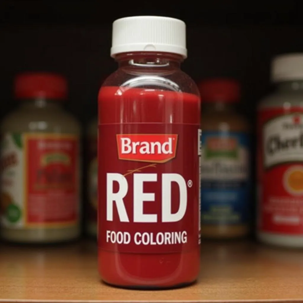 Red food coloring bottle stored in a pantry