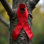 Red ribbon tied around a tree branch