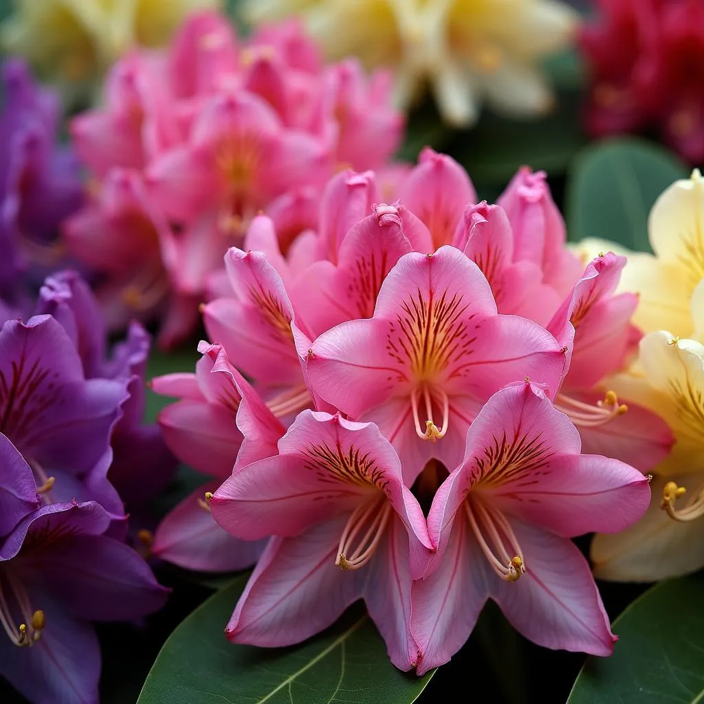 Rhododendron flowers in different colors