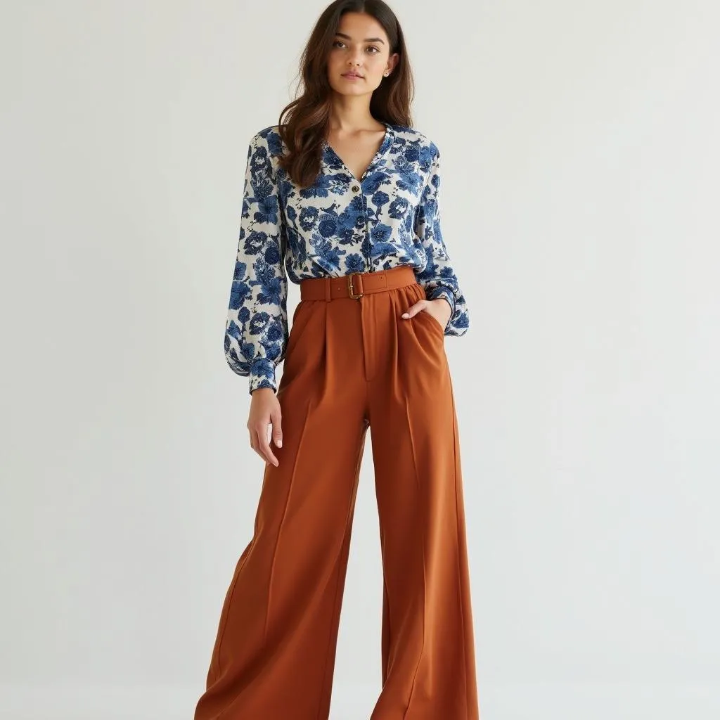 Rust Pants Paired with a Floral Print Blouse