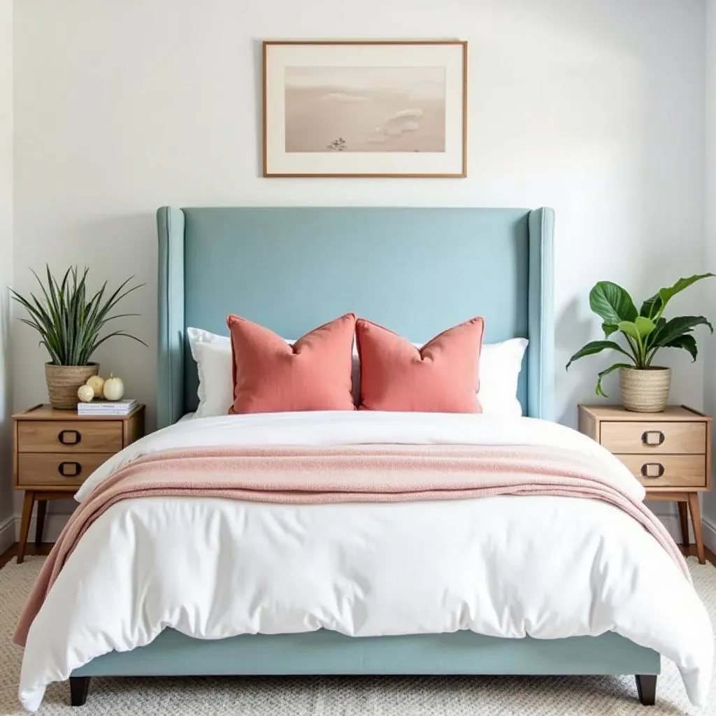 Bedroom with sky blue headboard and coral accents