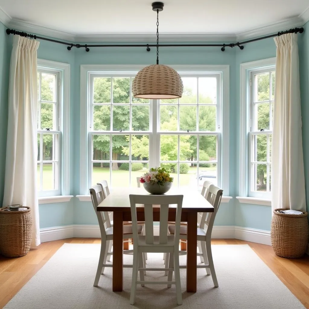 Dining room with sky blue walls and wooden furniture