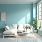 Living room with sky blue walls and white furniture