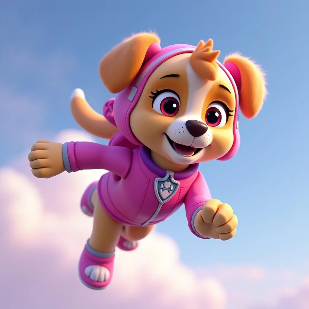 Skye flying in her Paw Patrol uniform