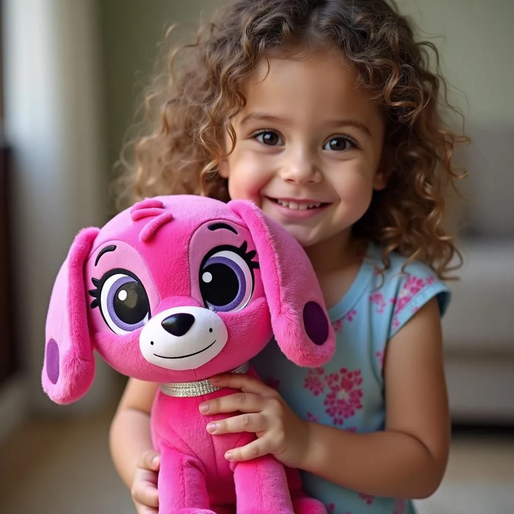 A child playing with a Skye plush toy