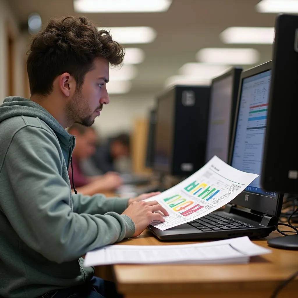 Student printing a color document in the library.