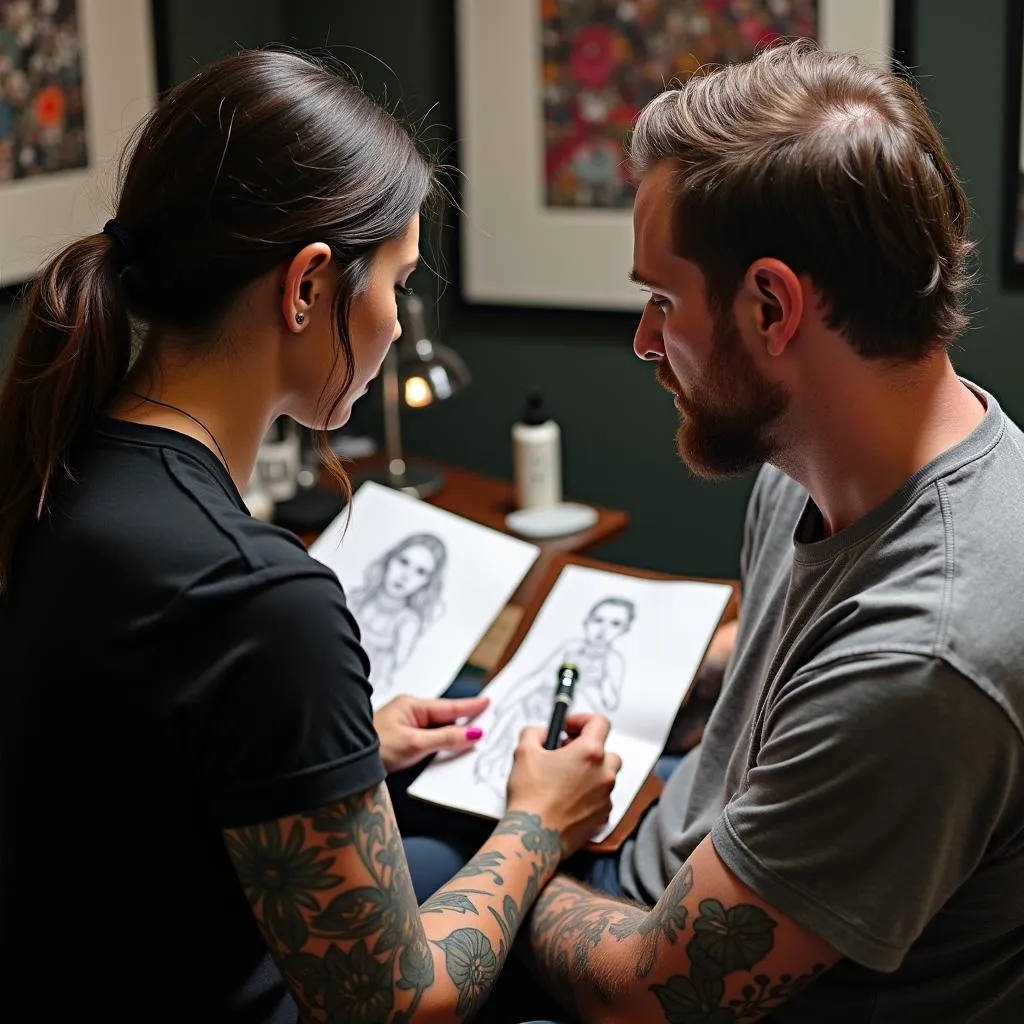 A client consulting with a tattoo artist about a color tattoo cover-up