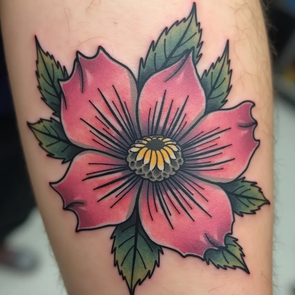 Close-up of a vibrant colored tattoo after a touch-up session