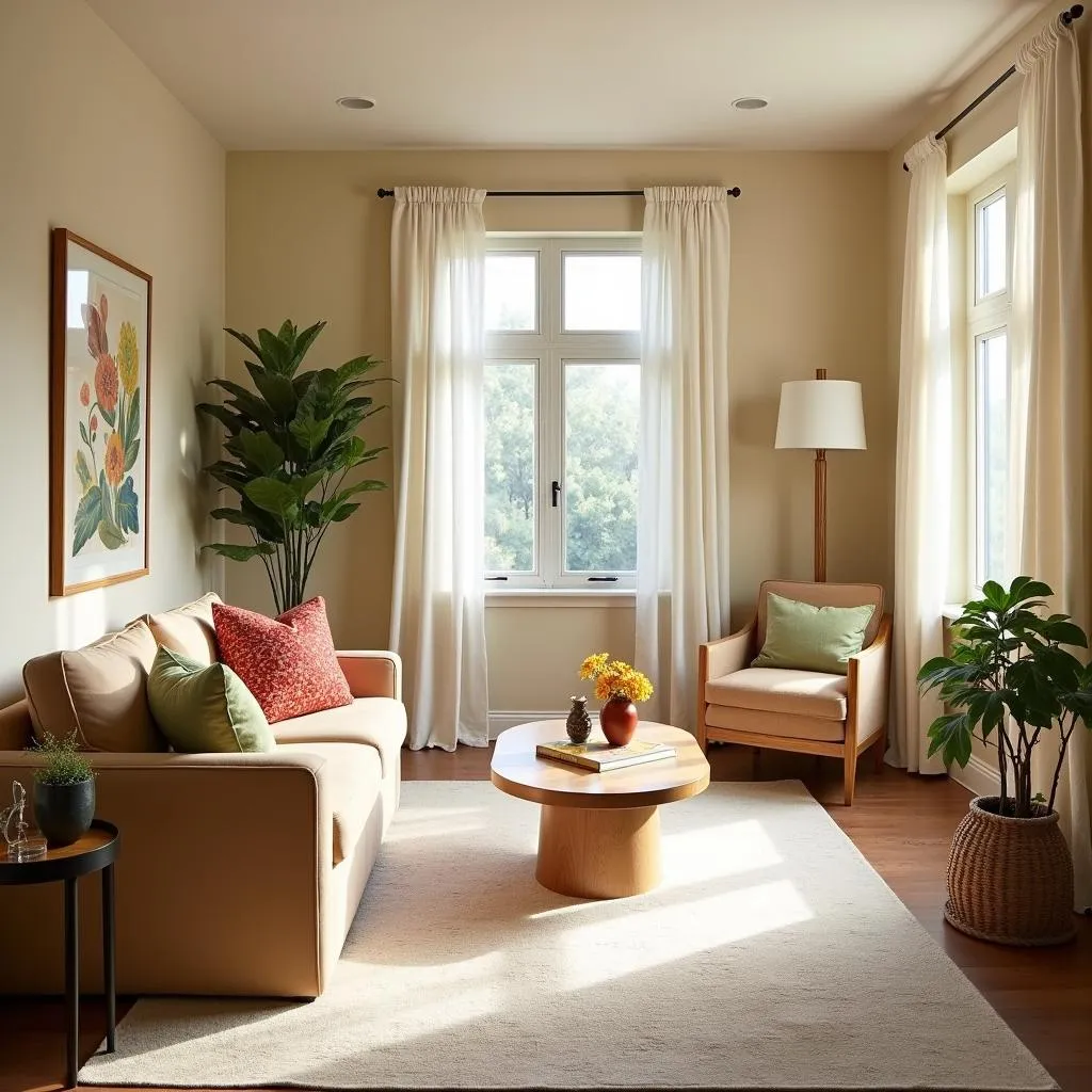 A living room with buff colored walls