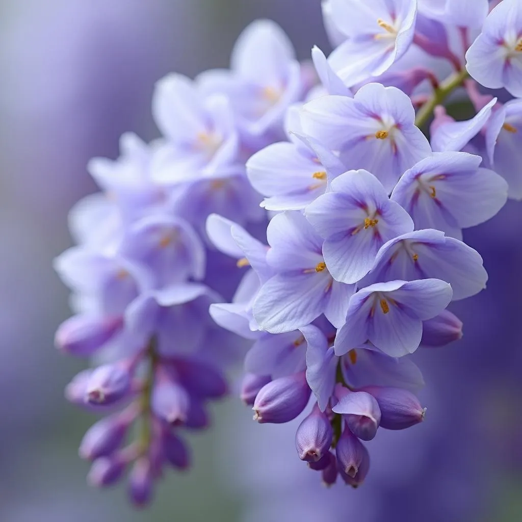 A close-up image of wisteria flowers in full bloom, showcasing the delicate purple-blue hue that gives the color its name