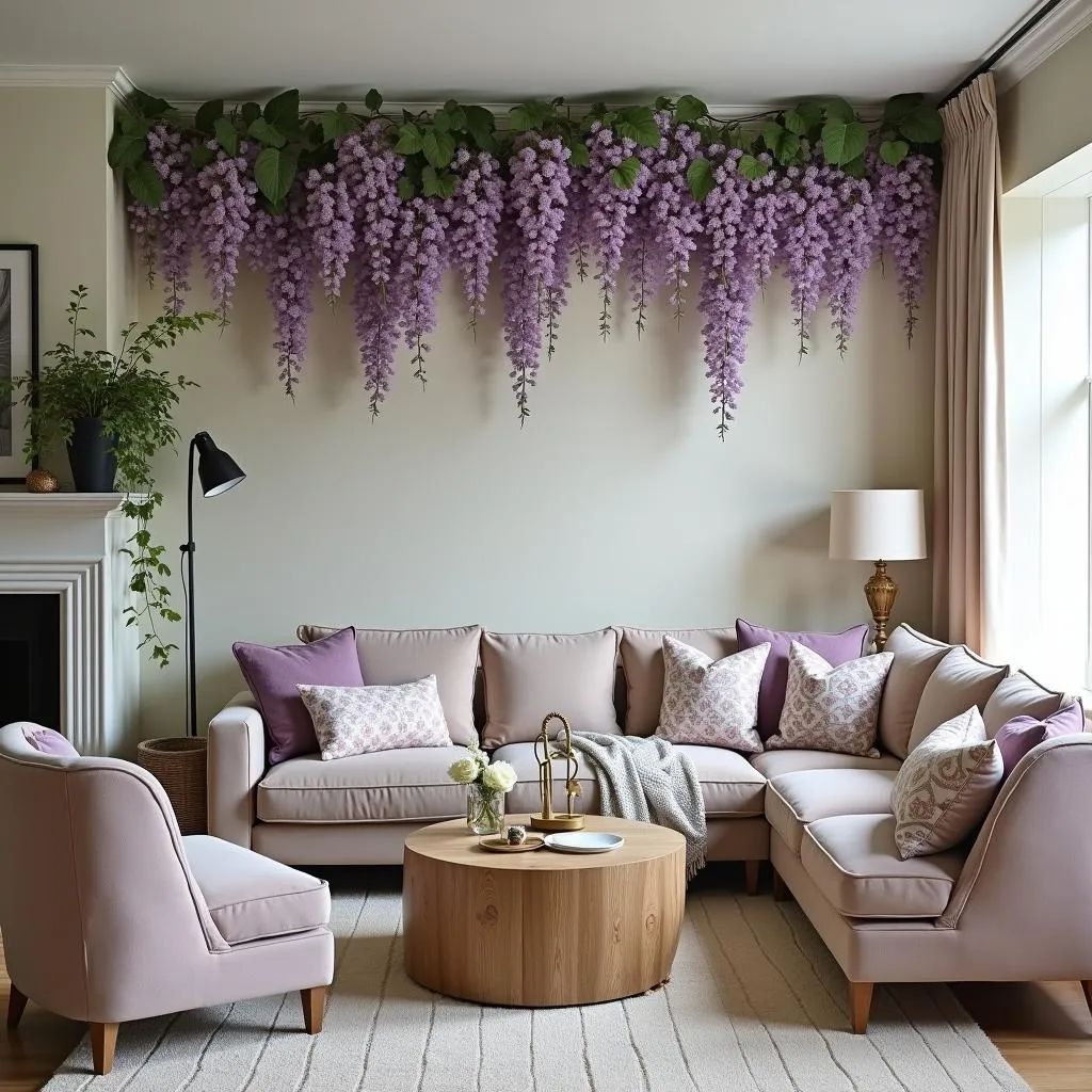 A beautifully designed living room with wisteria-colored accent wall and matching throw pillows, showcasing the calming and elegant effect of the color in interior spaces