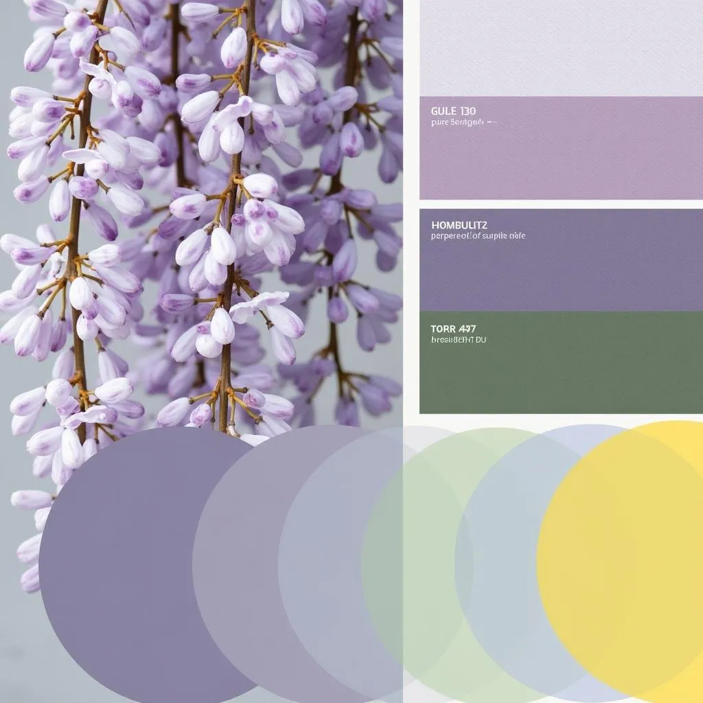 A color palette showcasing various shades of wisteria, from light and airy to deep and rich, along with complementary colors like grey, green, and yellow.