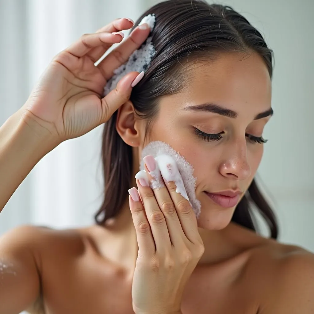 Woman applying hair conditioner in the shower