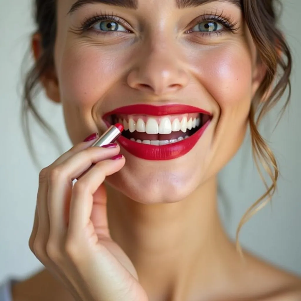 Woman Applying Lipstick for Whiter Teeth