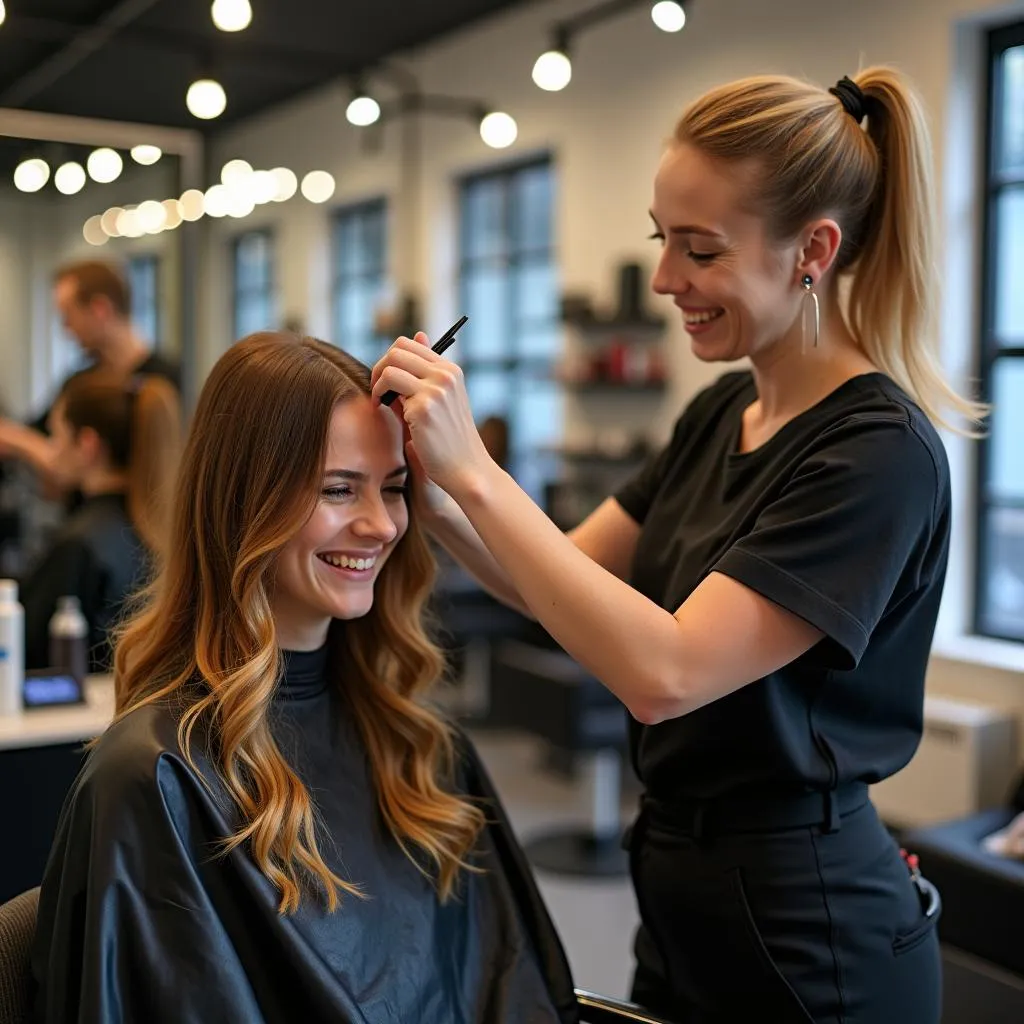 Professional hair stylist applying color to a client's hair.