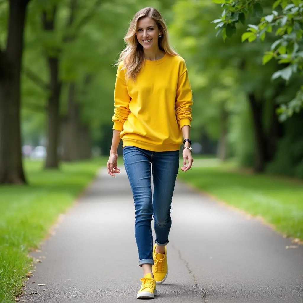 Woman wearing bright yellow sneakers walking in a city park