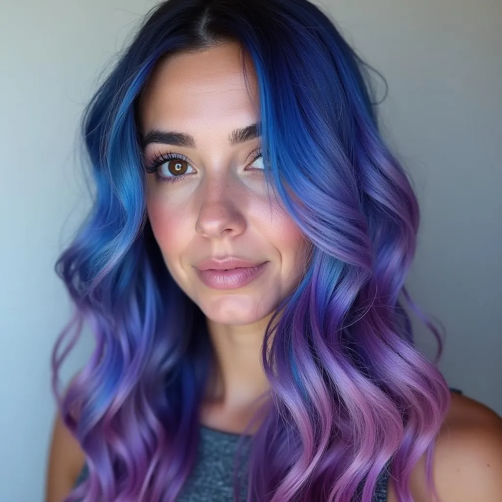 Close-up of a woman with vibrant galaxy-inspired hair