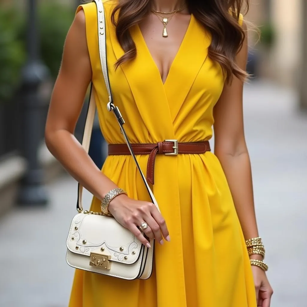 Woman in a yellow dress with neutral accessories