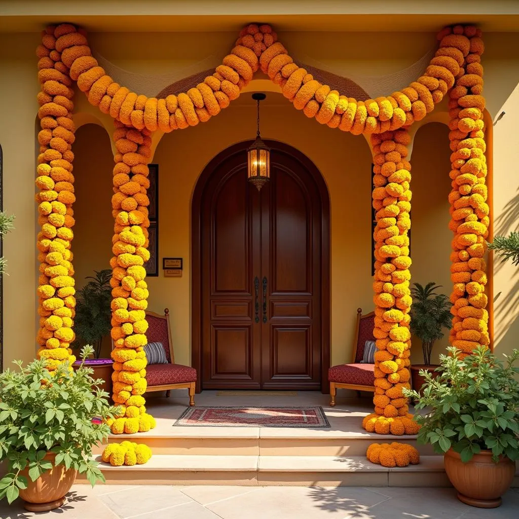 Yellow marigold garlands adorning a home during Diwali