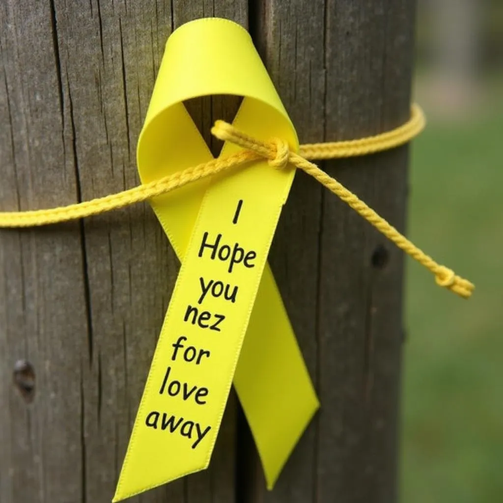 Yellow ribbon tied to a fence post