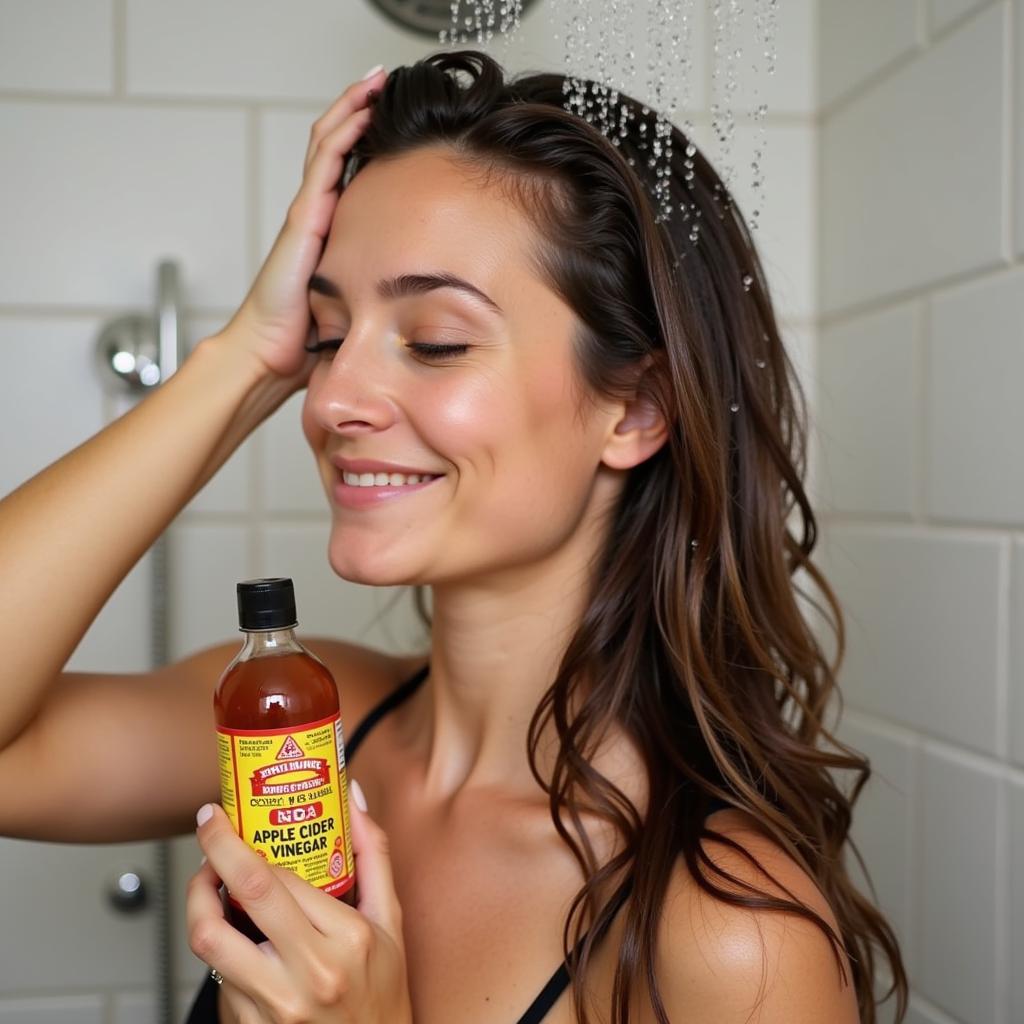 Woman rinsing hair with apple cider vinegar