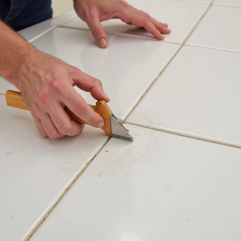 Applying grout stain with a brush