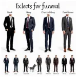 Appropriate suit colors and accessories for a funeral, showcasing different color combinations and cultural variations.