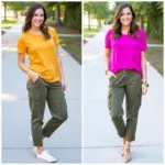 Army green pants styled with bold colored tops