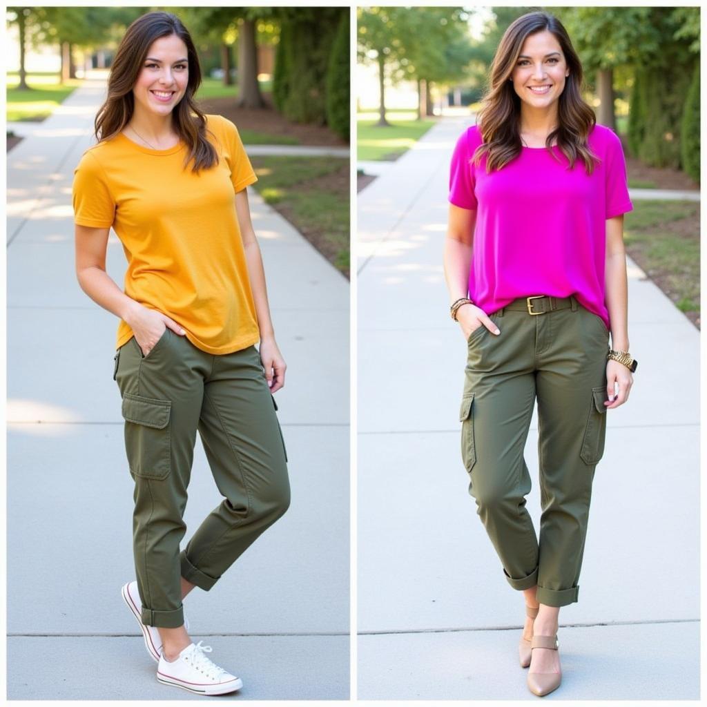 Army green pants styled with bold colored tops