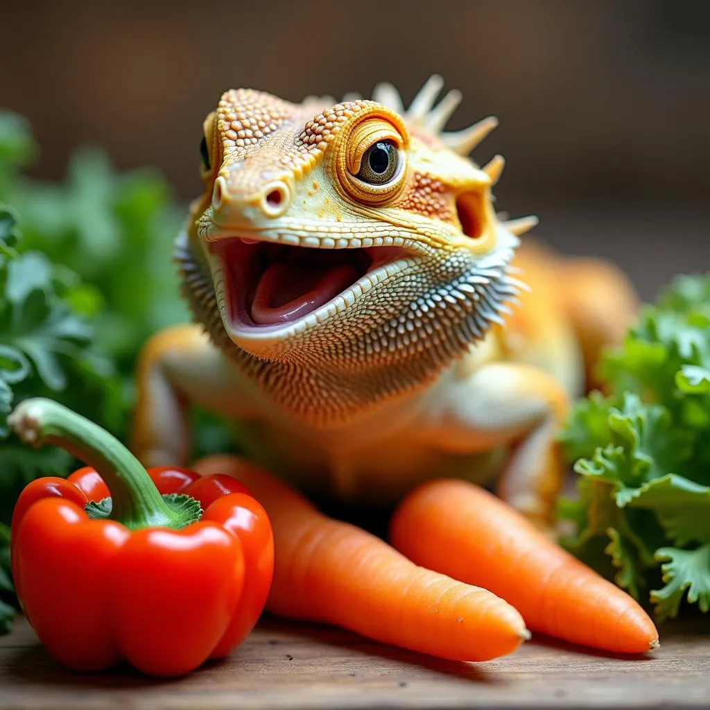 Bearded Dragon Enjoying Colorful Vegetables