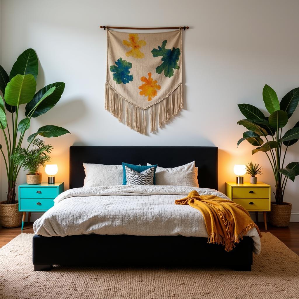 black bed with colorful nightstands