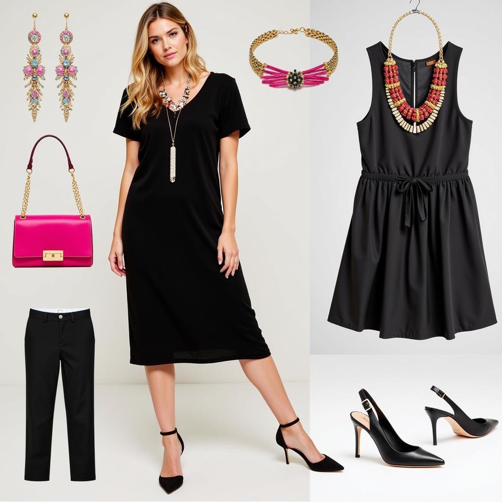 Woman in black dress with colorful accessories