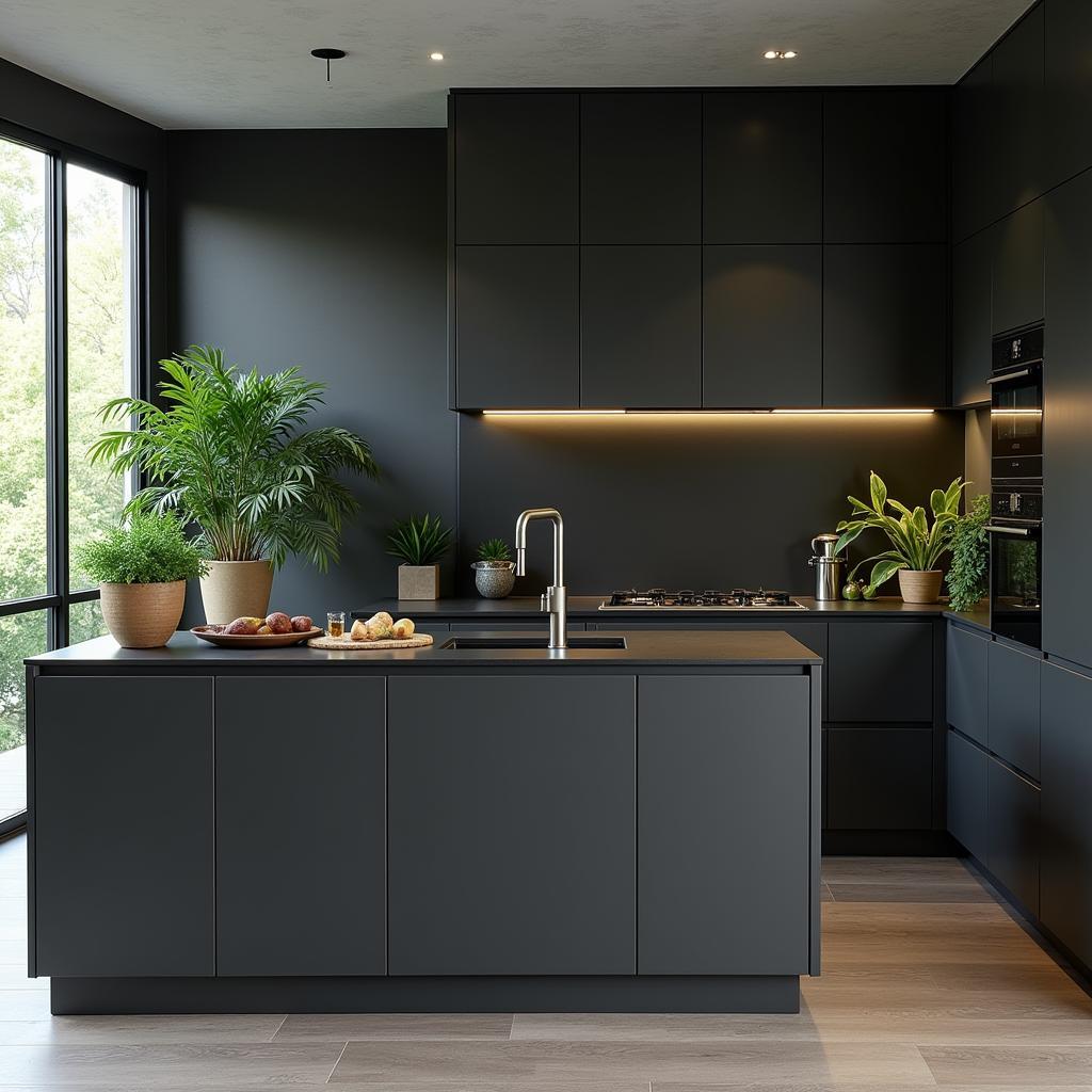 Modern kitchen with black, gray, and green elements