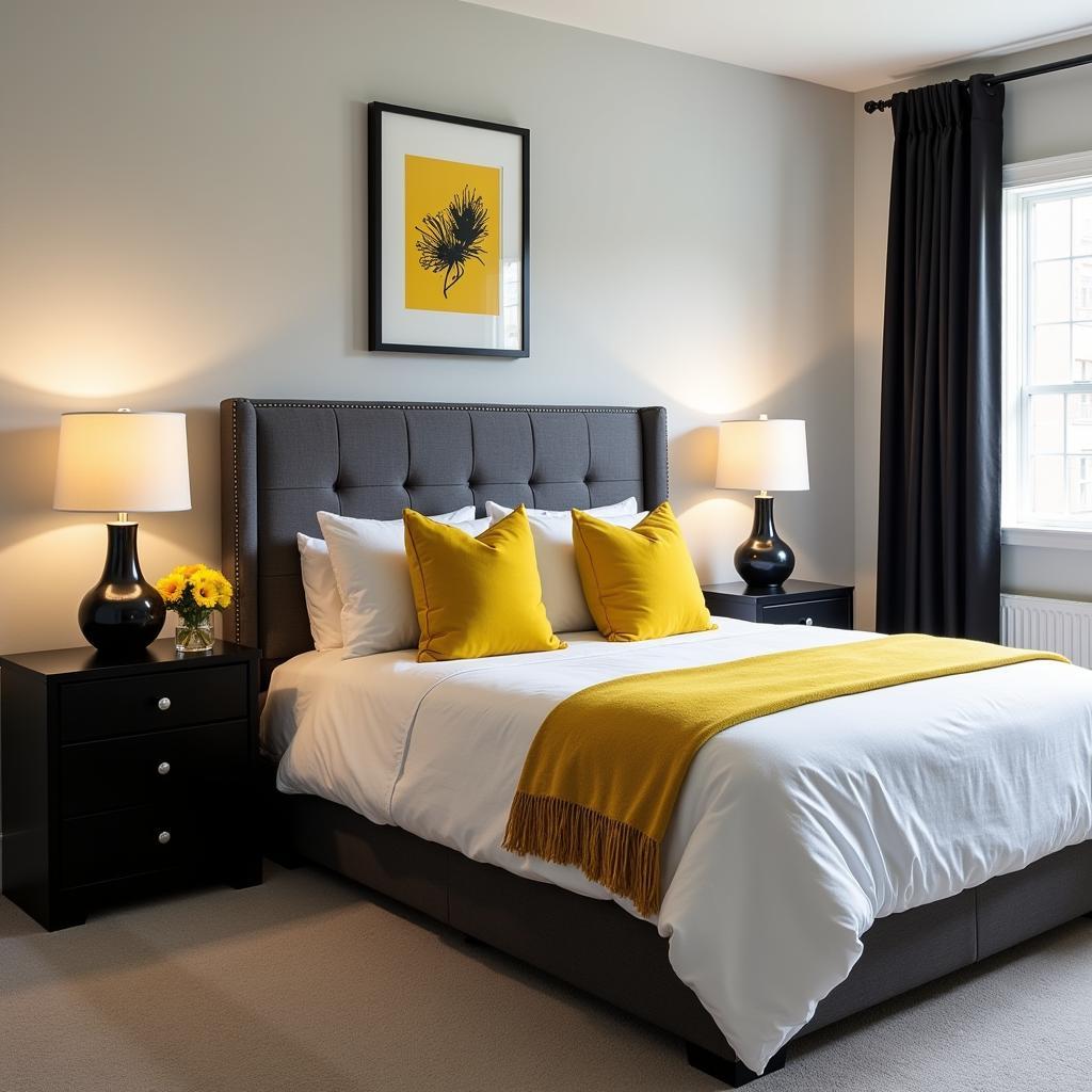 Chic bedroom with black, gray, and yellow accents