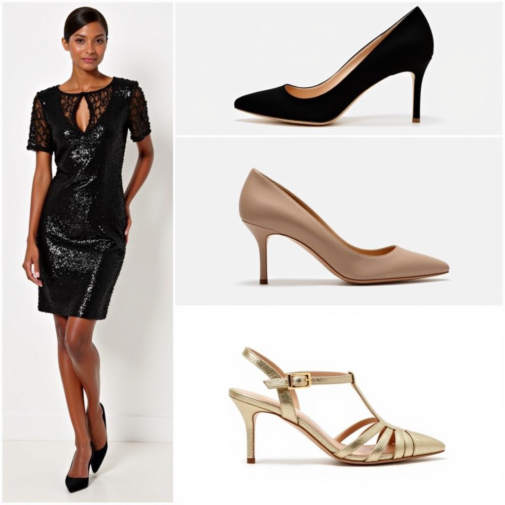 Black, Nude, and Metallic Shoes with a Black Sequin Dress