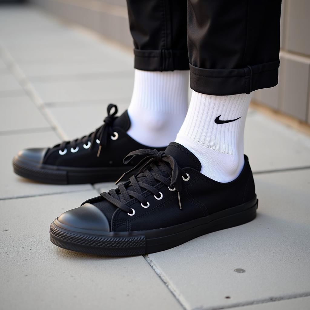 Black sneakers with white socks