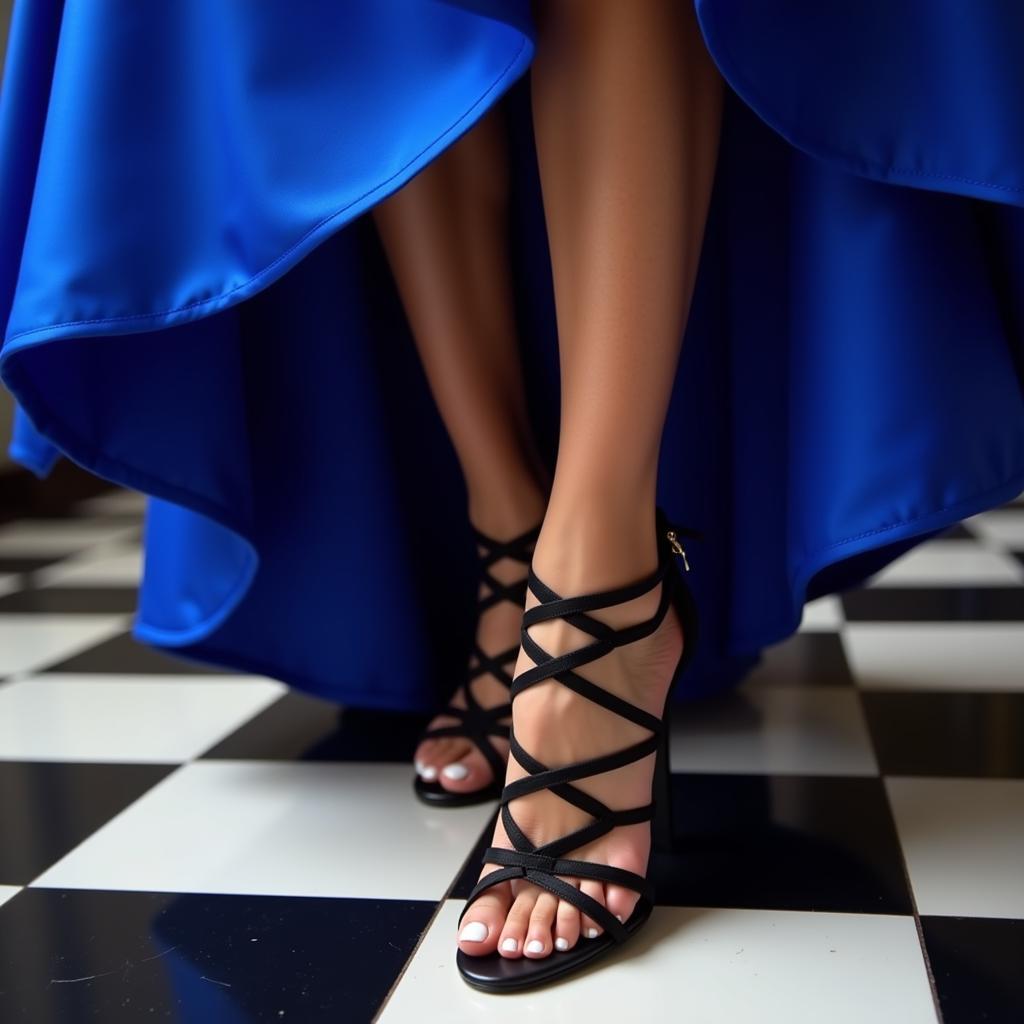 Black stilettos adding a touch of drama to a royal blue cocktail dress