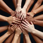 Hands of different races joined together in unity