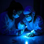 Forensic scientist analyzing blood under UV light