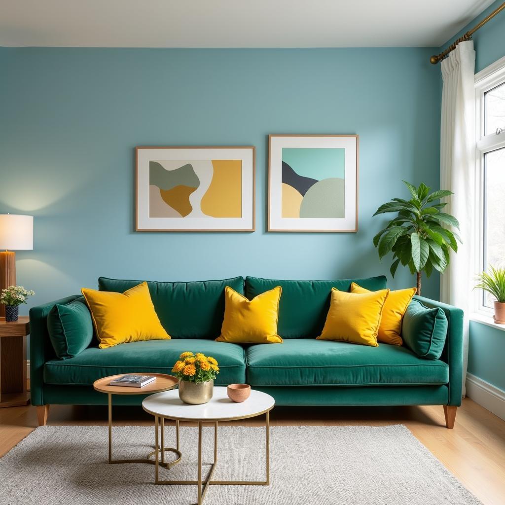 Modern living room with blue walls, green velvet sofa, and yellow accent pillows