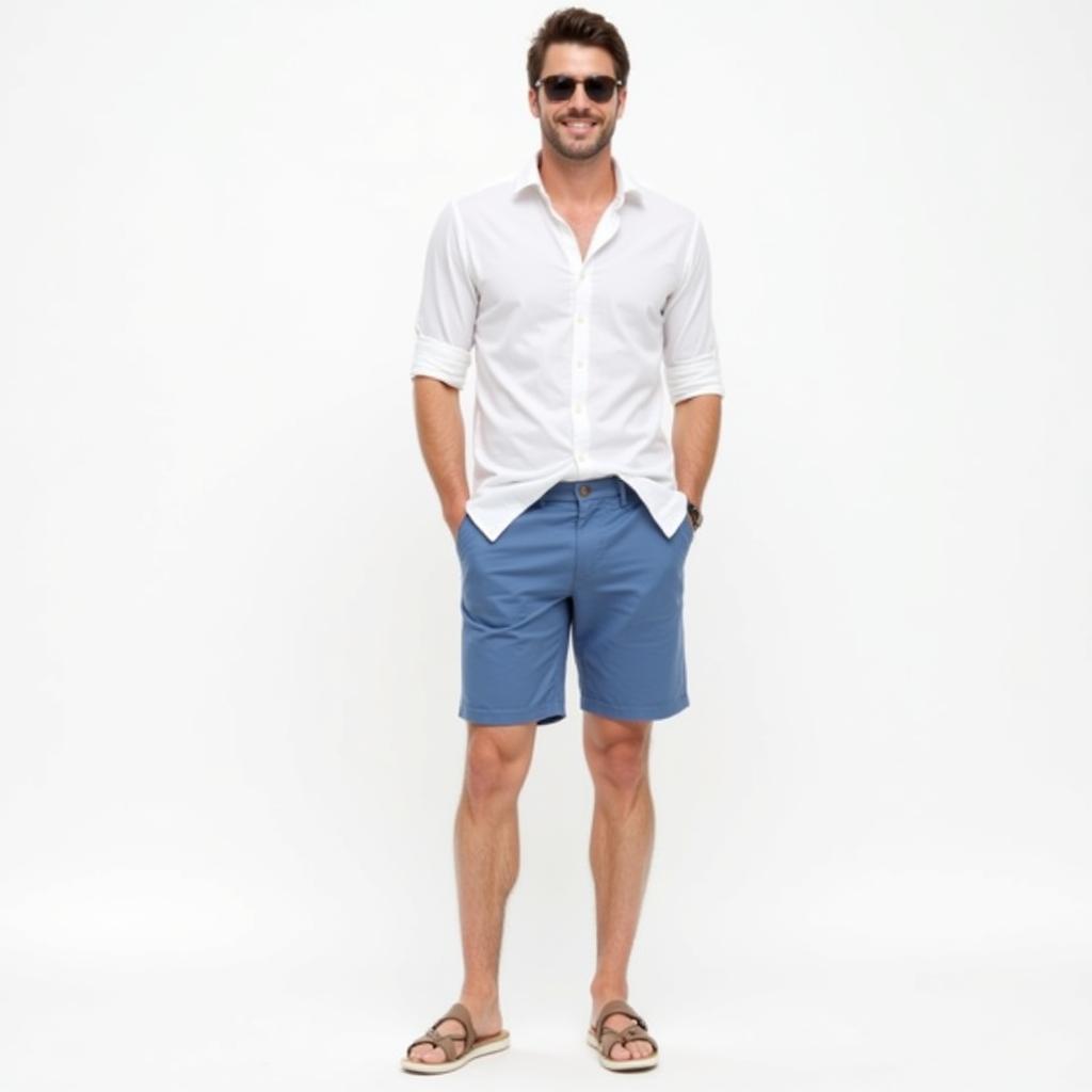 Man wearing blue shorts and a white shirt